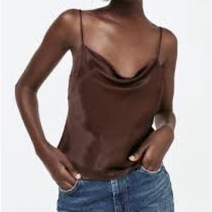 Zara Brown Satin Cowl Neck Cami
